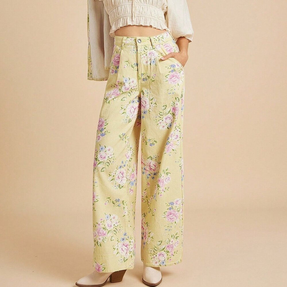 Boho Yellow Women's Floral High Rise Wide Leg Cuffed Jeans